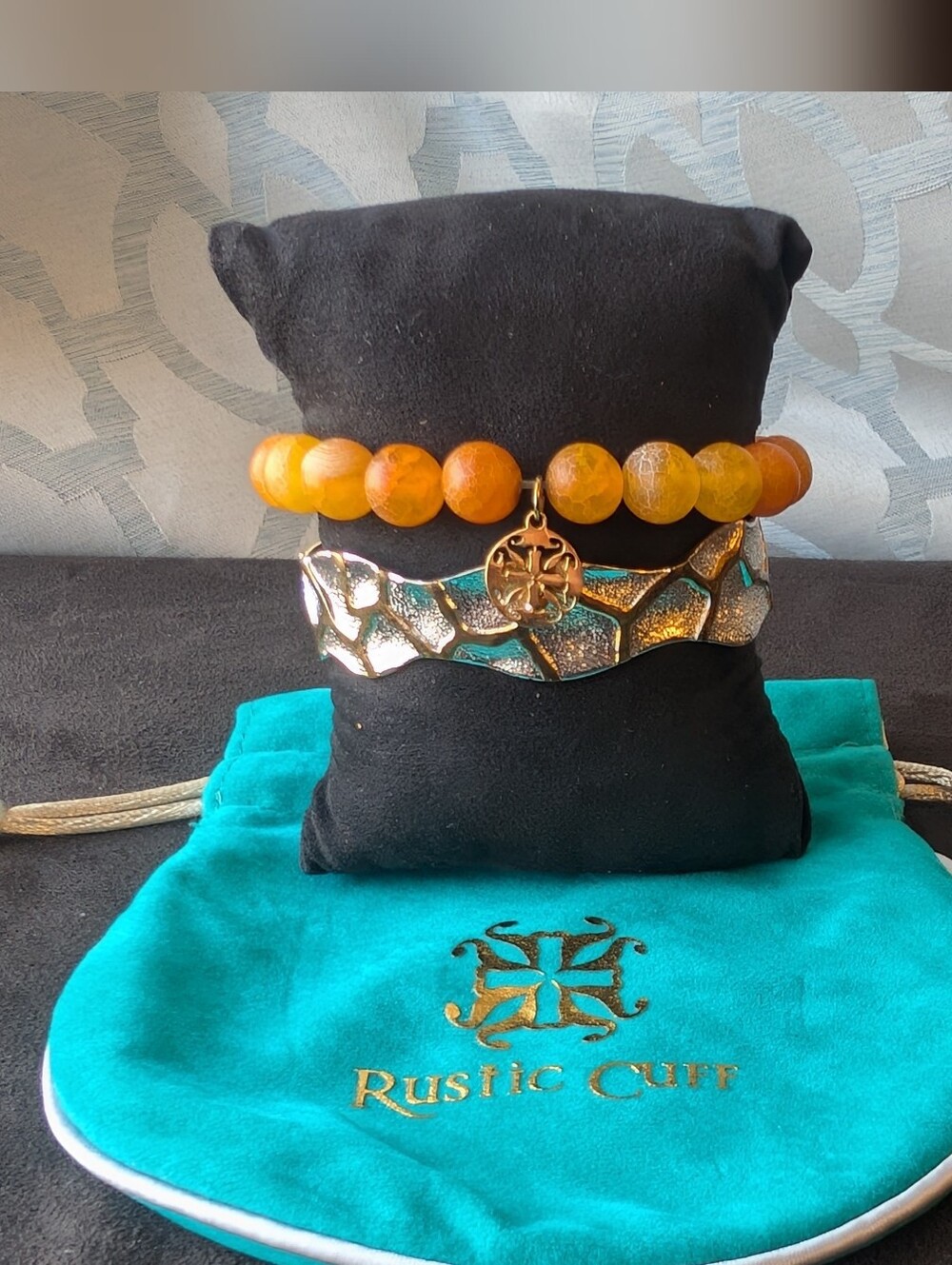 Rustic Cuff Boho Orange Agate Beaded & Silver Bracelet Set